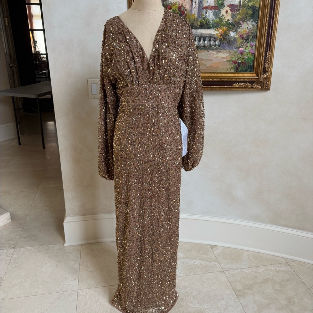Mac Duggal Sequin Long Sleeve Dress in Bronze